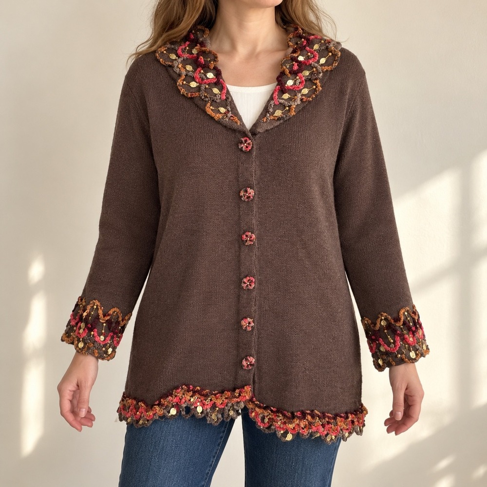 Storybook Knits L Brown Beaded Leaf Cardigan Embroidered Cottagecore Sweater